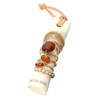 Assorted Resin Stone Accent Pearl Link Textured Metal Stackable Ring Set
