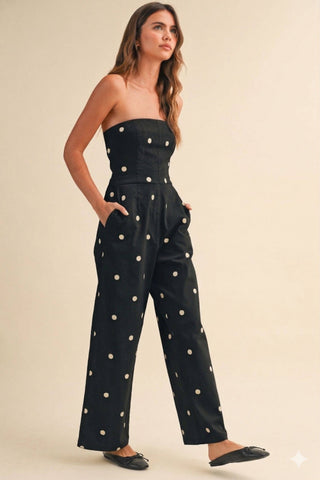 POLKADOT STRETCH TWILL STRAPLESS WIDE LEG JUMPSUIT