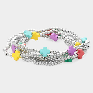 5PCS - Cross Pointed Metal Ball Beaded Multi Bracelets