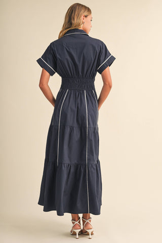 ID10490 SMOCKED WAIST CONTRAST PIPING DETAIL A-LINE MAXI DRE