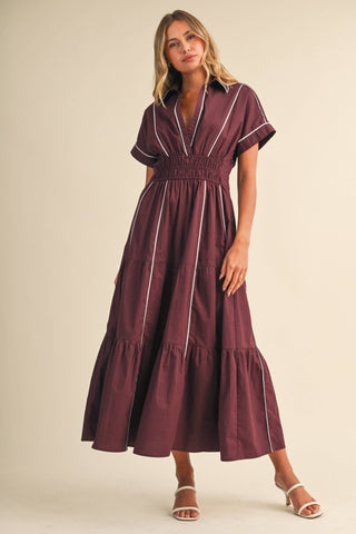 ID10490 SMOCKED WAIST CONTRAST PIPING DETAIL A-LINE MAXI DRE