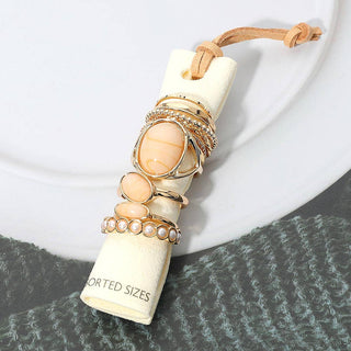 Assorted Resin Stone Accent Pearl Link Textured Metal Stackable Ring Set