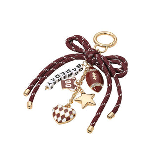 Football Themed Charm GAME DAY Message Beaded Rope Bow Accent Keychain / Bag Charm