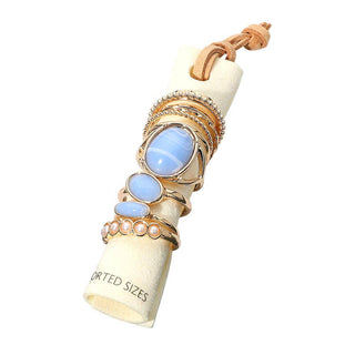 Assorted Resin Stone Accent Pearl Link Textured Metal Stackable Ring Set
