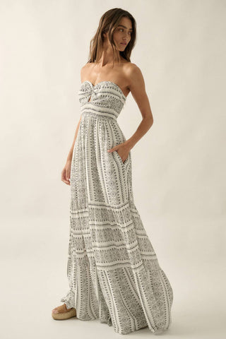 Abstract-Print Strapless Wide-Leg Tiered Ruffle Jumpsuit