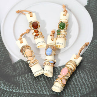Assorted Resin Stone Accent Pearl Link Textured Metal Stackable Ring Set