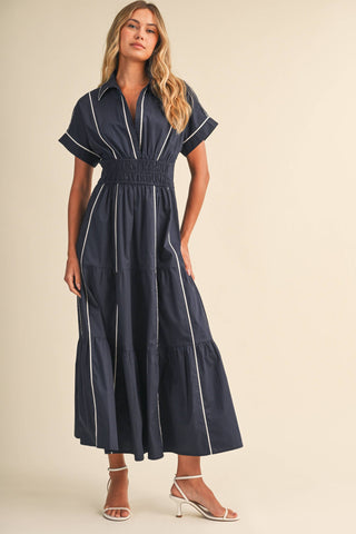 ID10490 SMOCKED WAIST CONTRAST PIPING DETAIL A-LINE MAXI DRE