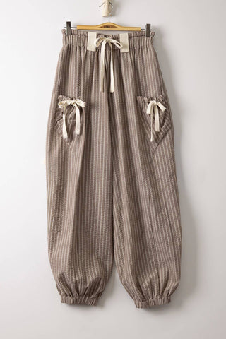Bow Detail Stripe Textured Woven Pants