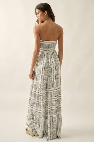 Abstract-Print Strapless Wide-Leg Tiered Ruffle Jumpsuit