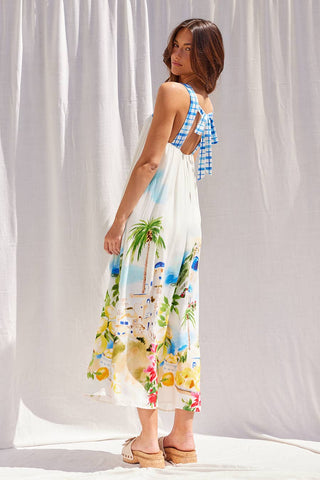 Printed Tie Back Strap Midi Dress