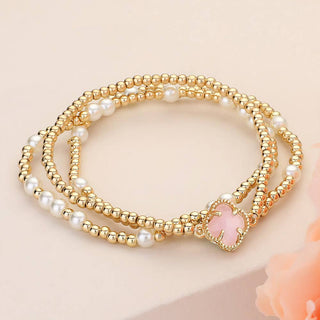 3PCS - Quatrefoil Pearl Metal Ball Beaded Stretch Bracelets