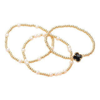 3PCS - Quatrefoil Pearl Metal Ball Beaded Stretch Bracelets
