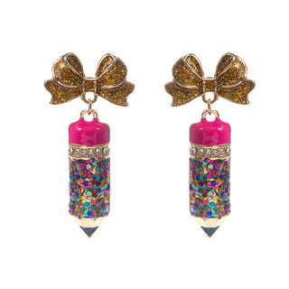Glitter Enamel Bow Pencil Charm Drop Earrings