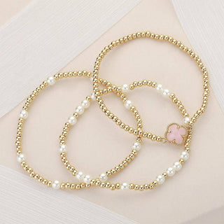 3PCS - Quatrefoil Pearl Metal Ball Beaded Stretch Bracelets