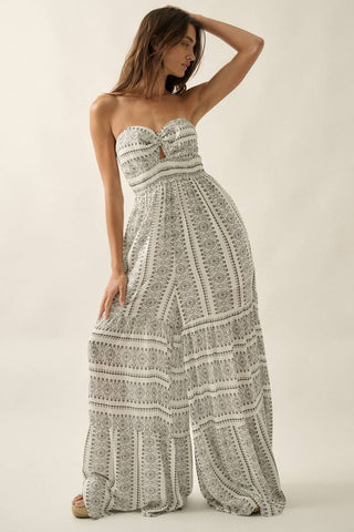Abstract-Print Strapless Wide-Leg Tiered Ruffle Jumpsuit