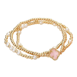 3PCS - Quatrefoil Pearl Metal Ball Beaded Stretch Bracelets